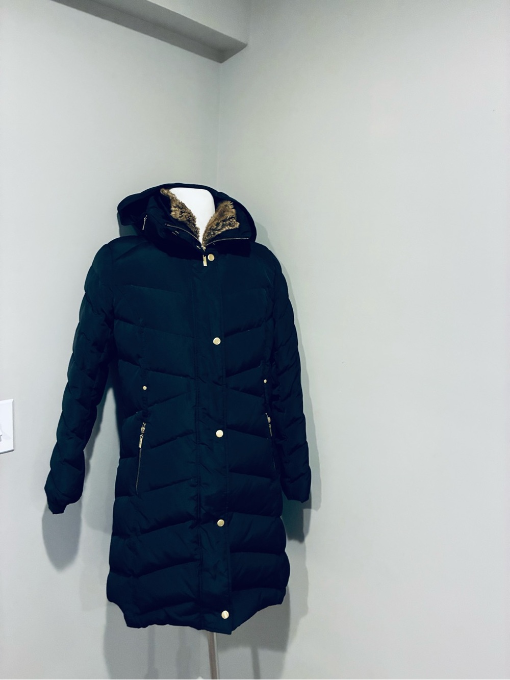 Cole Haan Black Quilted Puffer Coat with Faux Fur Trim